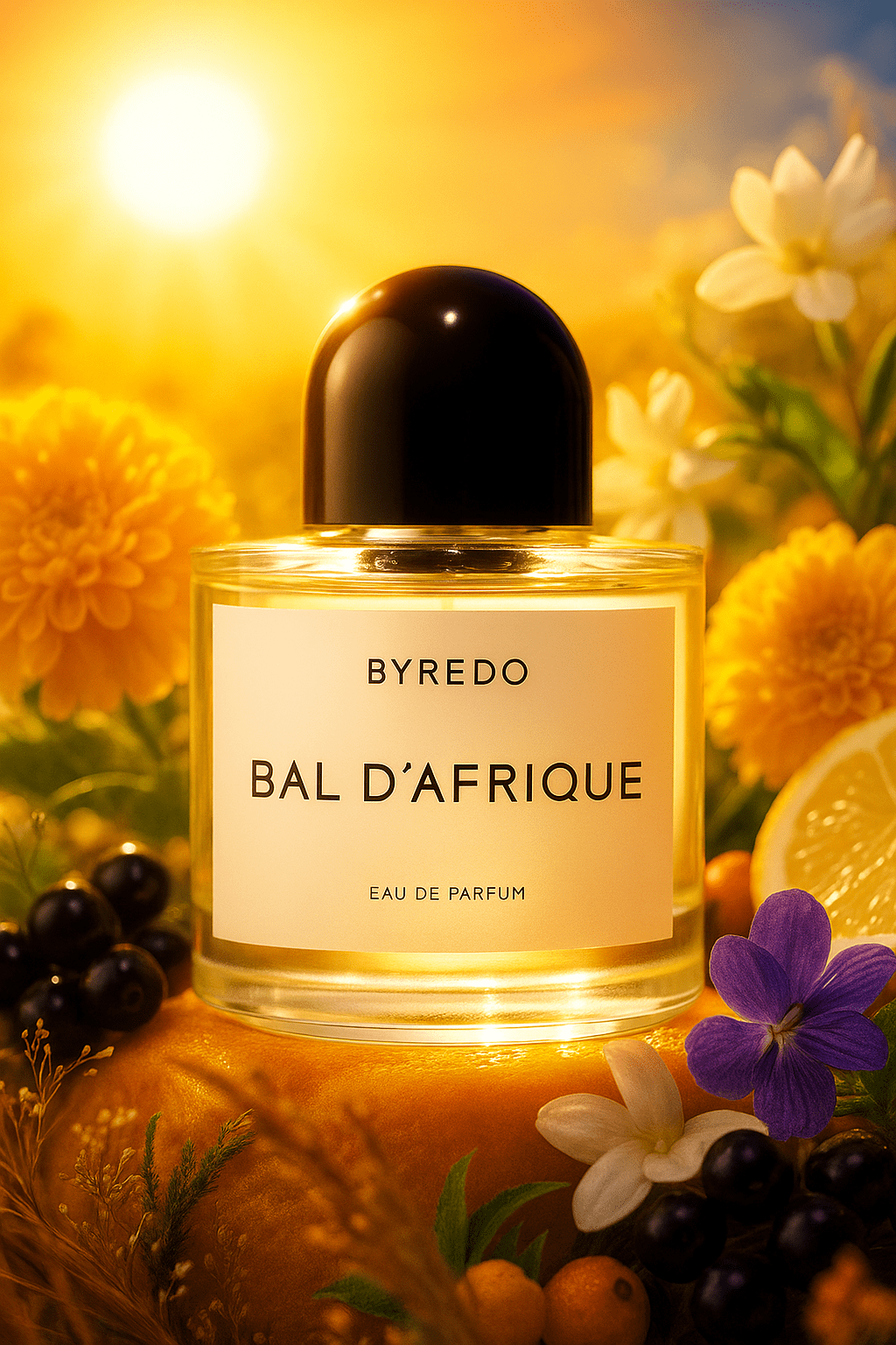 Byredo Bal d’Afrique Eau de Parfum – mustakorkkinen pullo keltaisten kukkien, orvokkien, sitruksen ja tummien marjojen keskellä auringonvalossa