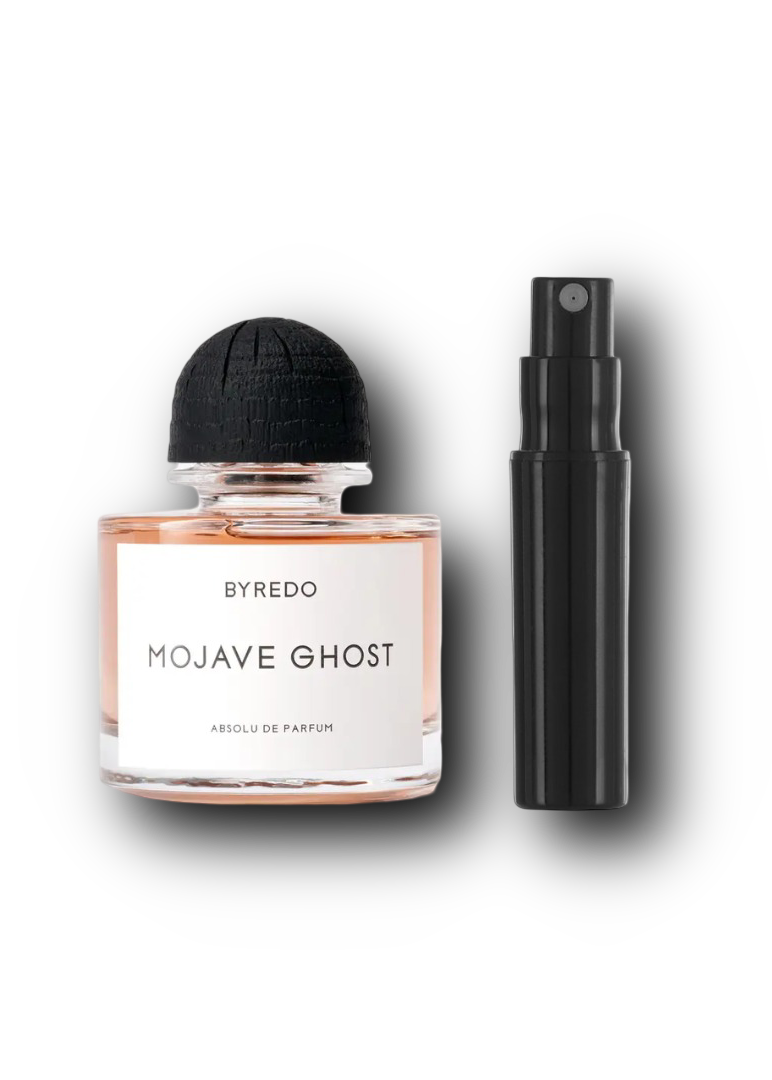 Byredo Mojave Ghost Absolu – alkuperäinen mustakorkkinen pullo ja musta näytesuihkepullo vierekkäin