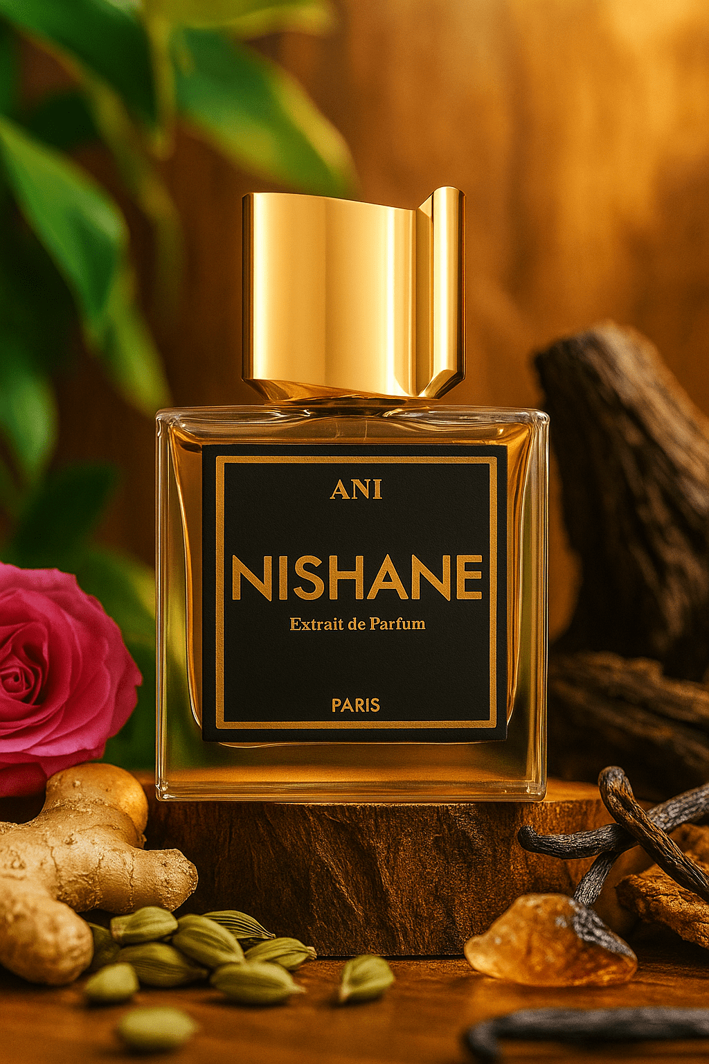Nishane Ani Extrait de Parfum – pullo puualustalla ruusun, inkiväärin, kardemumman ja vaniljatankojen ympäröimänä