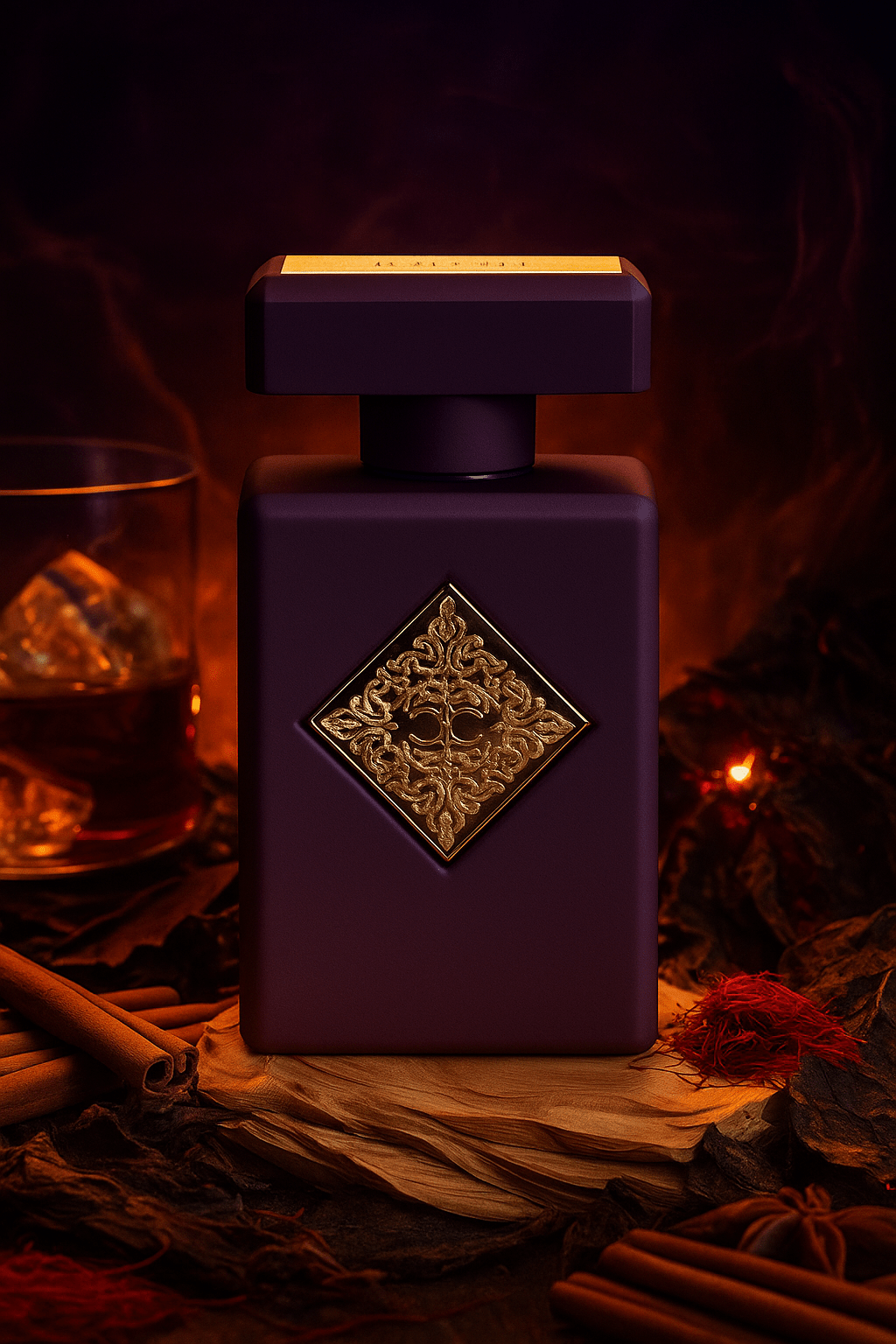 Initio Parfums Privés Side Effect – violetti pullo kultakoristeilla, ympärillä kanelia, puuta, sahramia ja lasi lämpimässä valossa