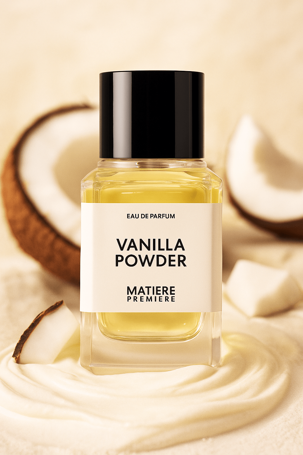 Matière Première Vanilla Powder – mustakorkkinen pullo kookospalojen vieressä vaalealla, kermaisella taustalla