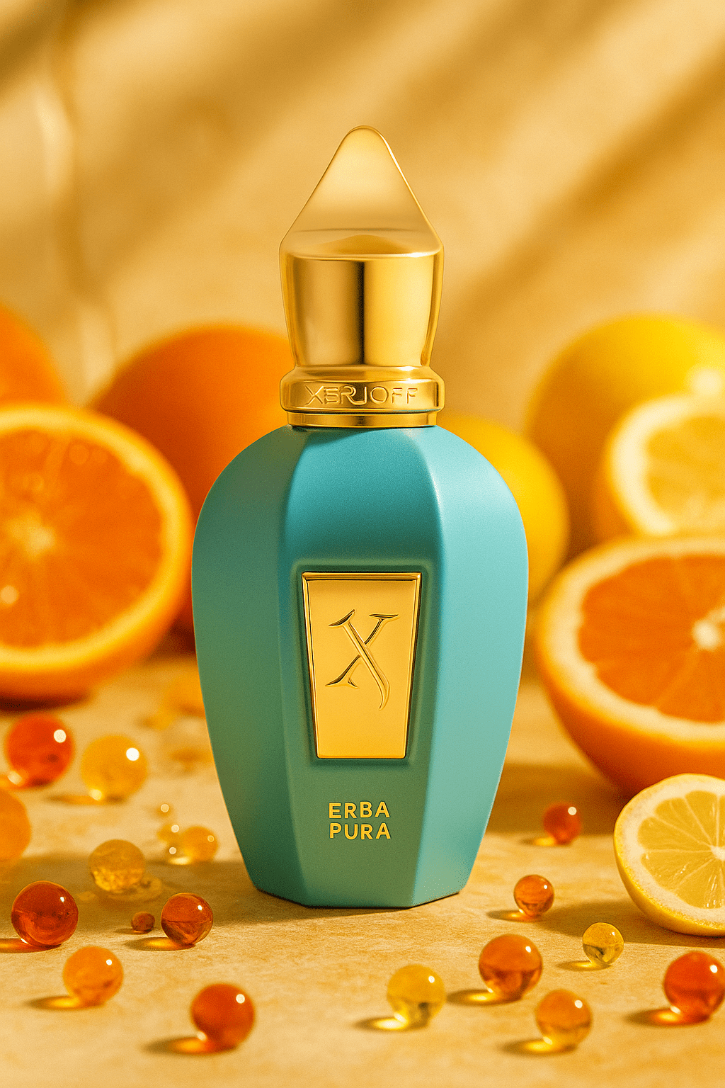 Xerjoff Erba Pura Eau de Parfum – turkoosi pullo kultaisella korkilla sitrushedelmien ja kultaisten pisaroiden ympäröimänä