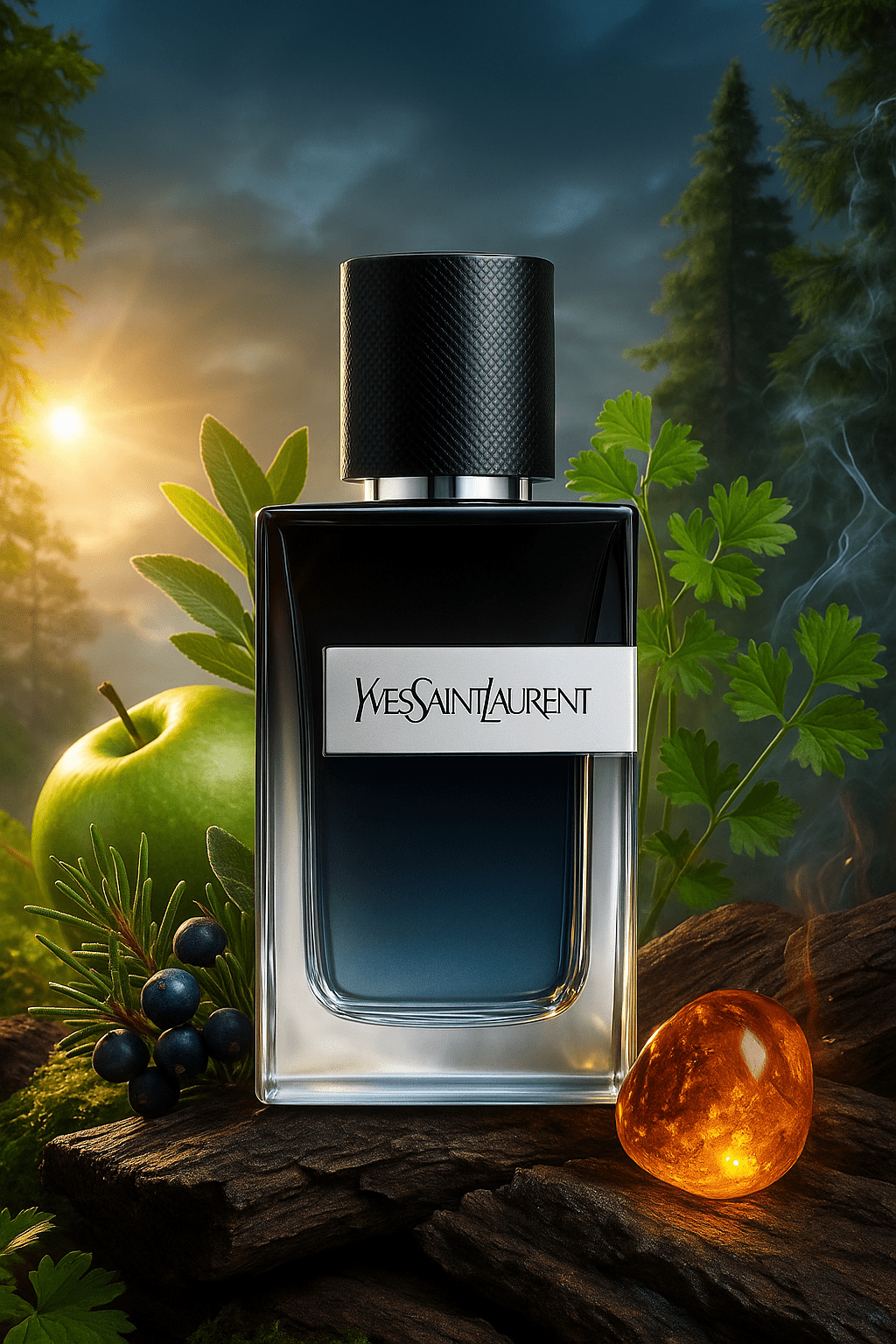 Yves Saint Laurent Y Pour Homme Eau de Parfum – tumma pullo hopeisella nauhalla vihreän omenan ja katajanmarjojen vieressä metsäisessä sommitelmassa