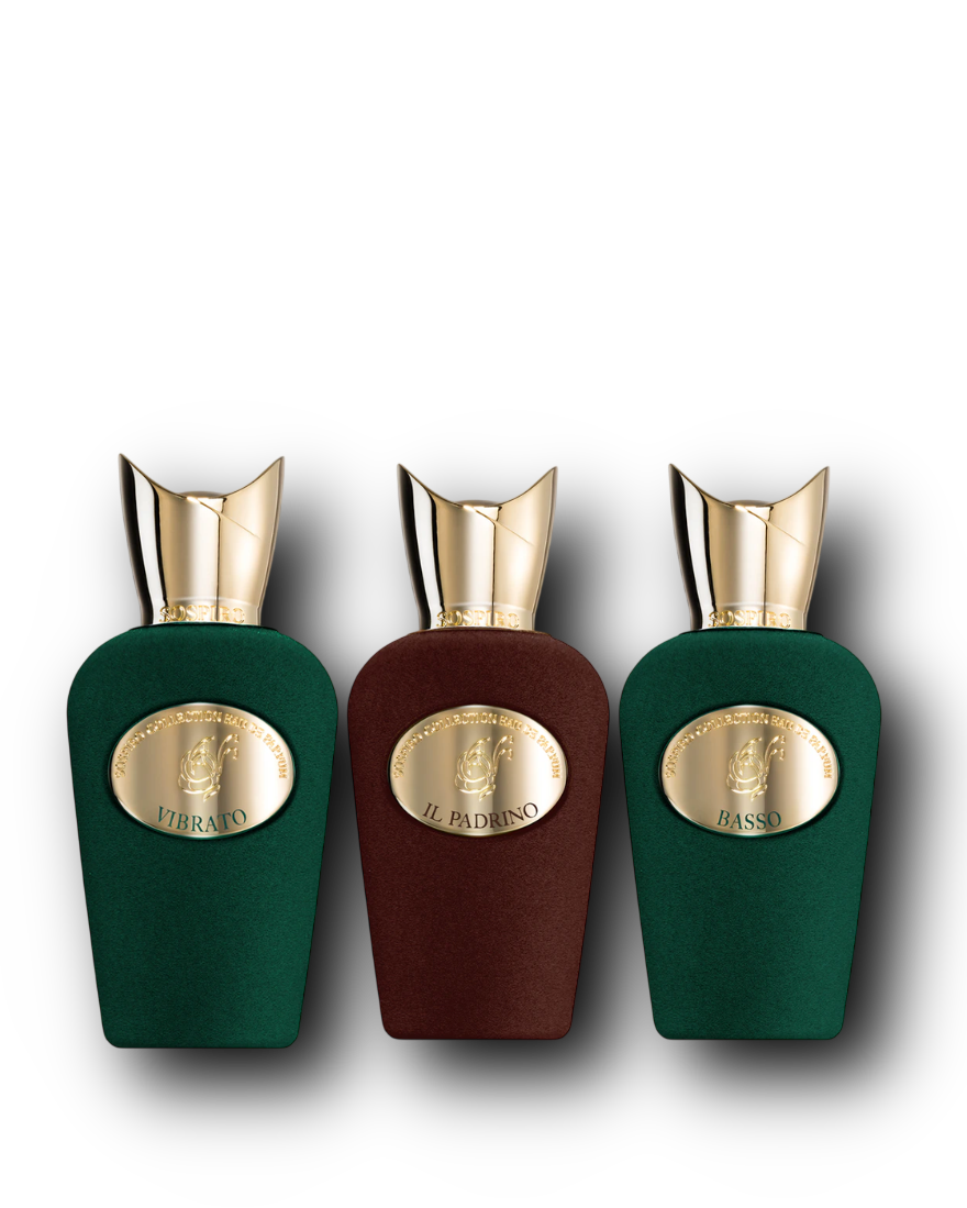 Sospiro Perfumes: Vibrato, Il Padrino, Basso – näytesetin kolme tuoksua alkuperäisissä hajuvesipulloissa