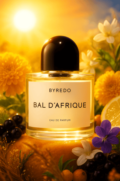 Byredo Bal d’Afrique Eau de Parfum – mustakorkkinen pullo keltaisten kukkien, orvokkien, sitruksen ja tummien marjojen keskellä auringonvalossa