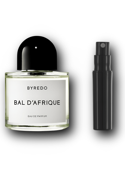 Byredo Bal d’Afrique Eau de Parfum – alkuperäinen hajuvesipullo ja musta näytesuihkepullo vierekkäin