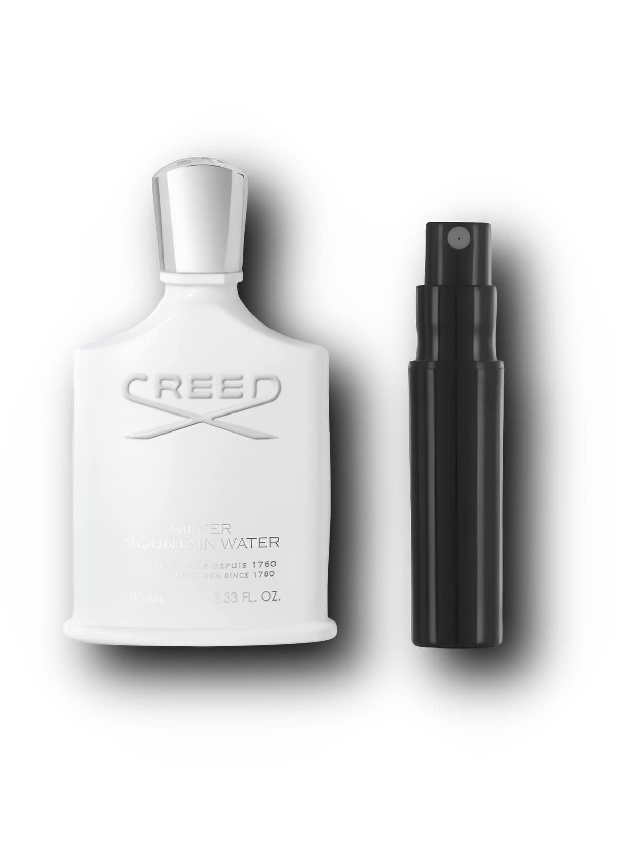 Creed Silver Mountain Water – alkuperäinen hajuvesipullo ja musta näytesuihkepullo vierekkäin