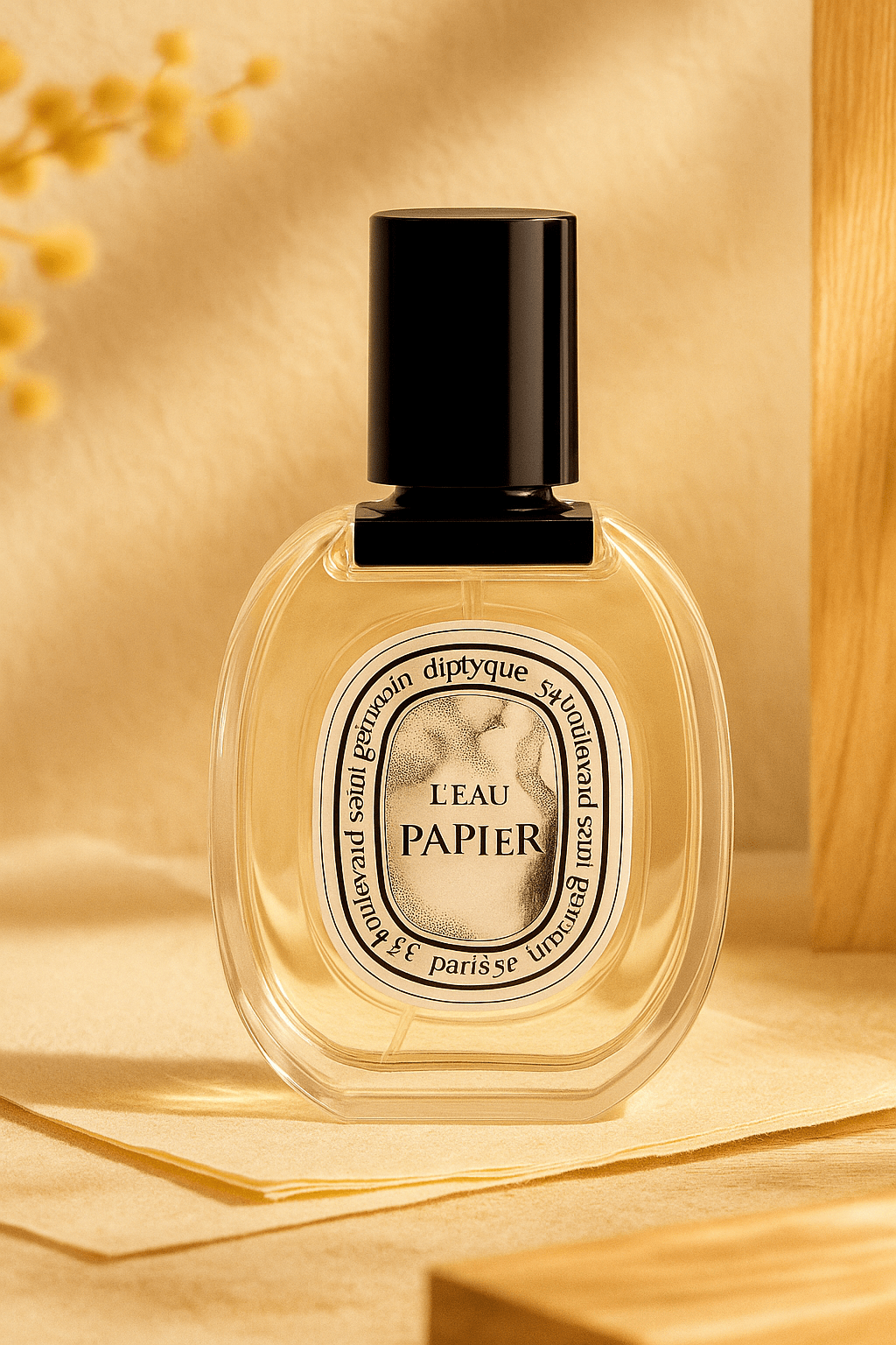 Diptyque L’Eau Papier Eau de Toilette – soikea mustakorkkinen pullo vaalealla paperilla puun ja keltaisten kukkien vieressä