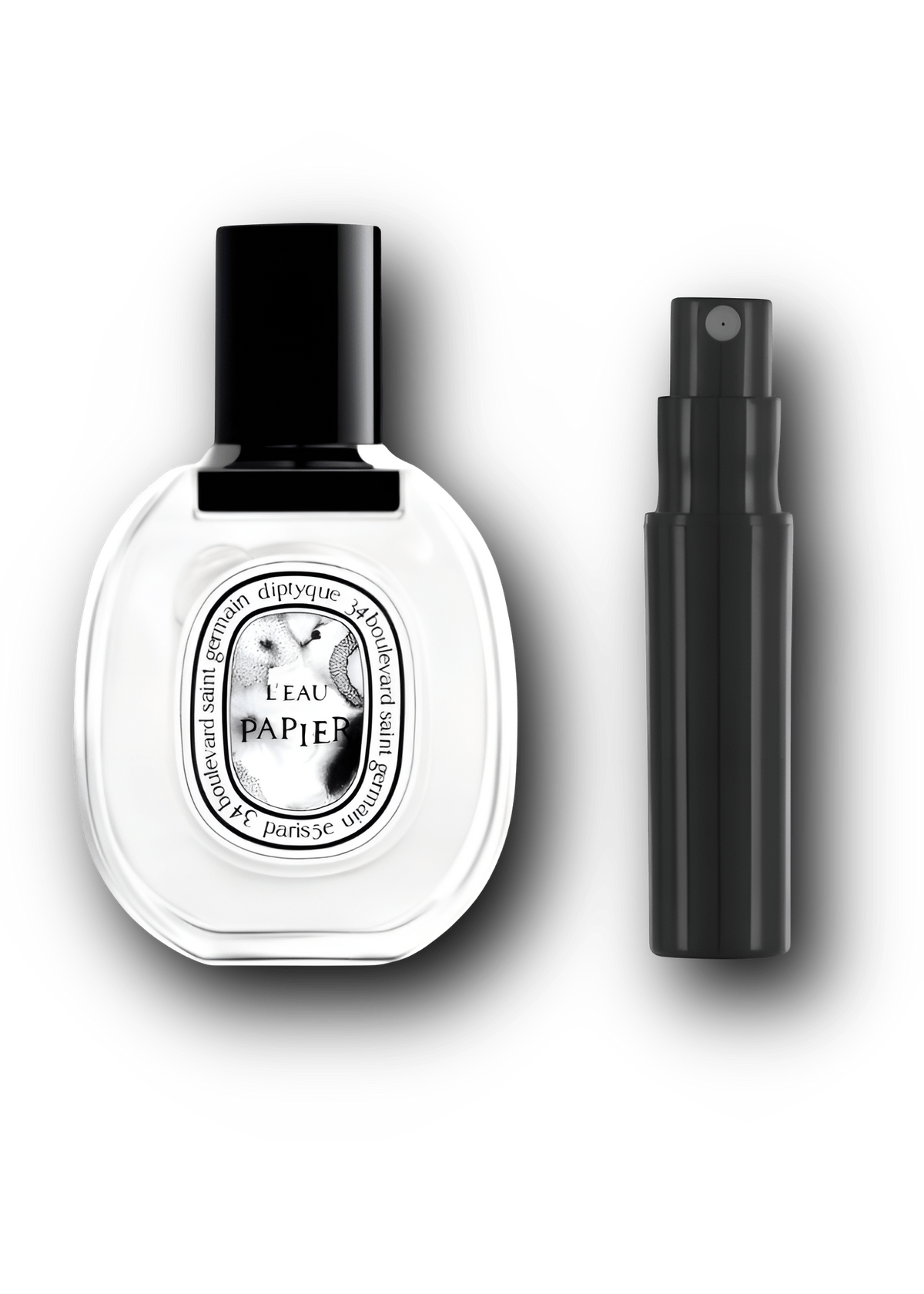 Diptyque L’Eau Papier Eau de Toilette – alkuperäinen hajuvesipullo ja musta näytesuihkepullo vierekkäin