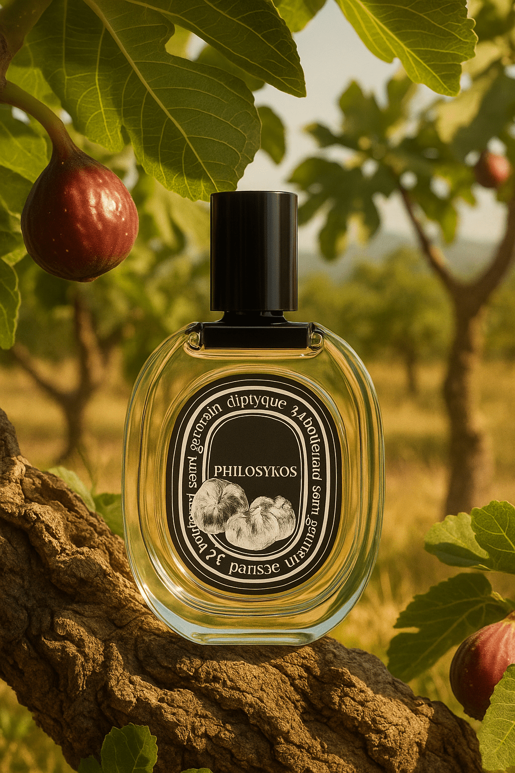 Diptyque Philosykos Eau de Parfum – soikea pullo mustalla etiketillä oksalla viikunoiden ja vihreiden viikunanlehtien alla