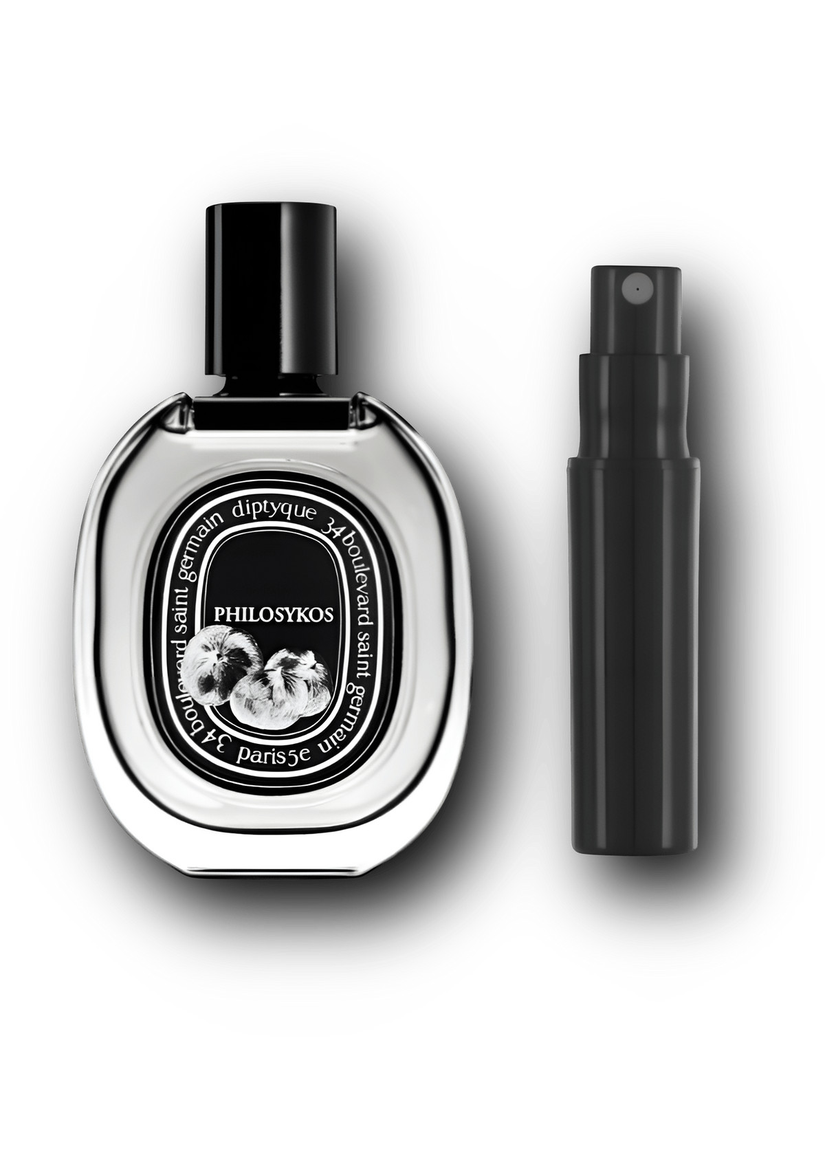 Diptyque Philosykos Eau de Parfum – alkuperäinen hajuvesipullo ja musta näytesuihkepullo vierekkäin
