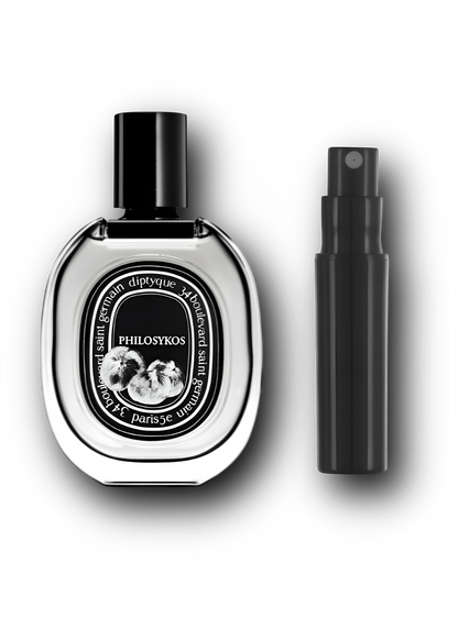 Diptyque Philosykos Eau de Parfum – alkuperäinen hajuvesipullo ja musta näytesuihkepullo vierekkäin