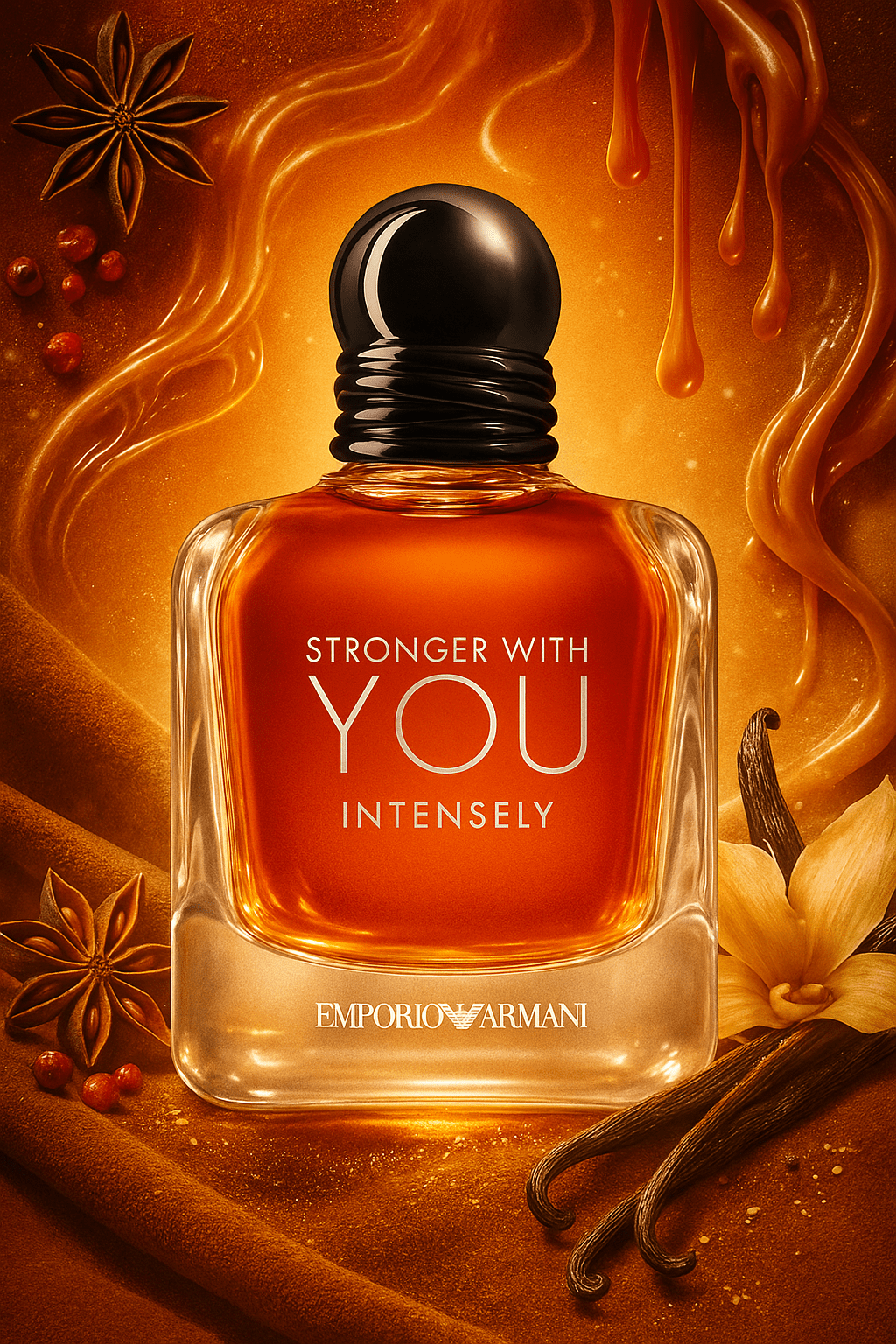 Giorgio Armani Stronger With You Intensely – pyöreäkorkkinen pullo karamellin, mausteiden ja vaniljatankojen ympäröimänä lämpimässä valossa