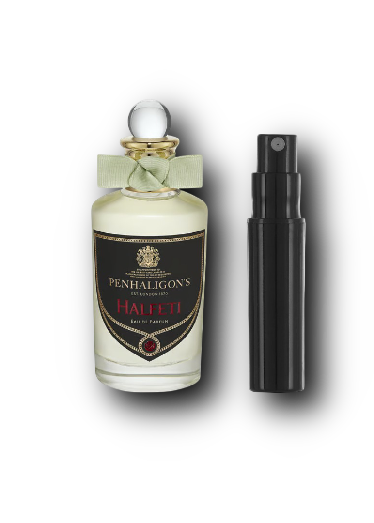 Penhaligon's Halfeti – alkuperäinen hajuvesipullo ja musta näytesuihkepullo vierekkäin
