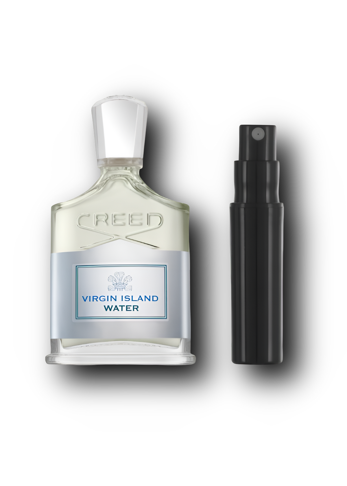 Creed Virgin Island Water – alkuperäinen hajuvesipullo ja musta näytesuihkepullo vierekkäin