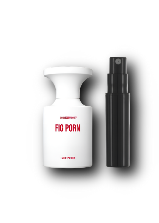 Fig Porn BORNTOSTANDOUT – alkuperäinen hajuvesipullo ja musta näytesuihkepullo vierekkäin