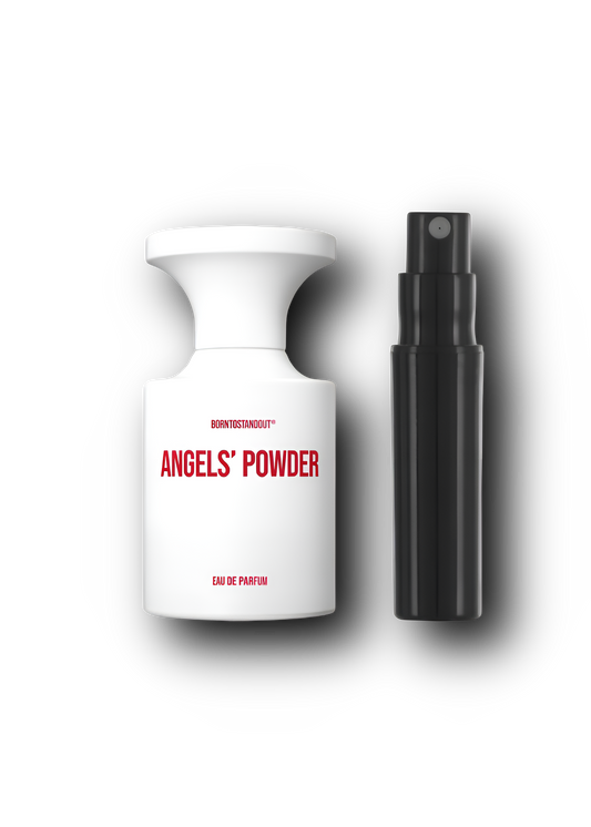 Angels' Powder BORNTOSTANDOUT – alkuperäinen hajuvesipullo ja musta näytesuihkepullo vierekkäin