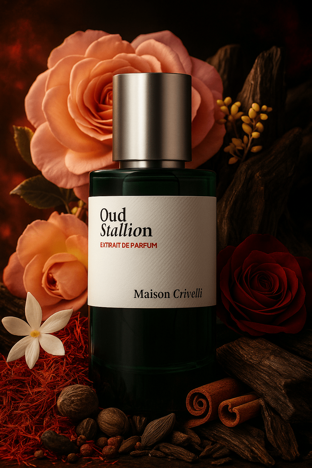 Maison Crivelli Oud Stallion Extrait de Parfum – tummanvihreä pullo ruusujen, valkoisten kukkien, mausteiden ja puun ympäröimänä
