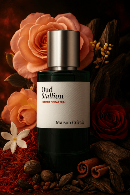 Maison Crivelli Oud Stallion Extrait de Parfum – tummanvihreä pullo ruusujen, valkoisten kukkien, mausteiden ja puun ympäröimänä