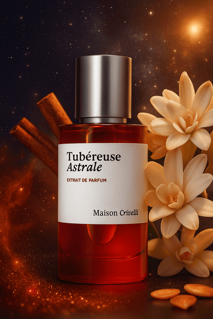 Maison Crivelli Tubéreuse Astrale Extrait de Parfum – punainen pullo hopeisella korkilla, valkoisia kukkia ja kanelia tähtitaustaa vasten