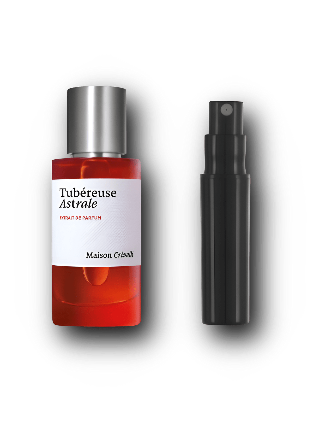 Maison Crivelli Tubéreuse Astrale Extrait de Parfum – alkuperäinen hajuvesipullo ja musta näytesuihkepullo vierekkäin