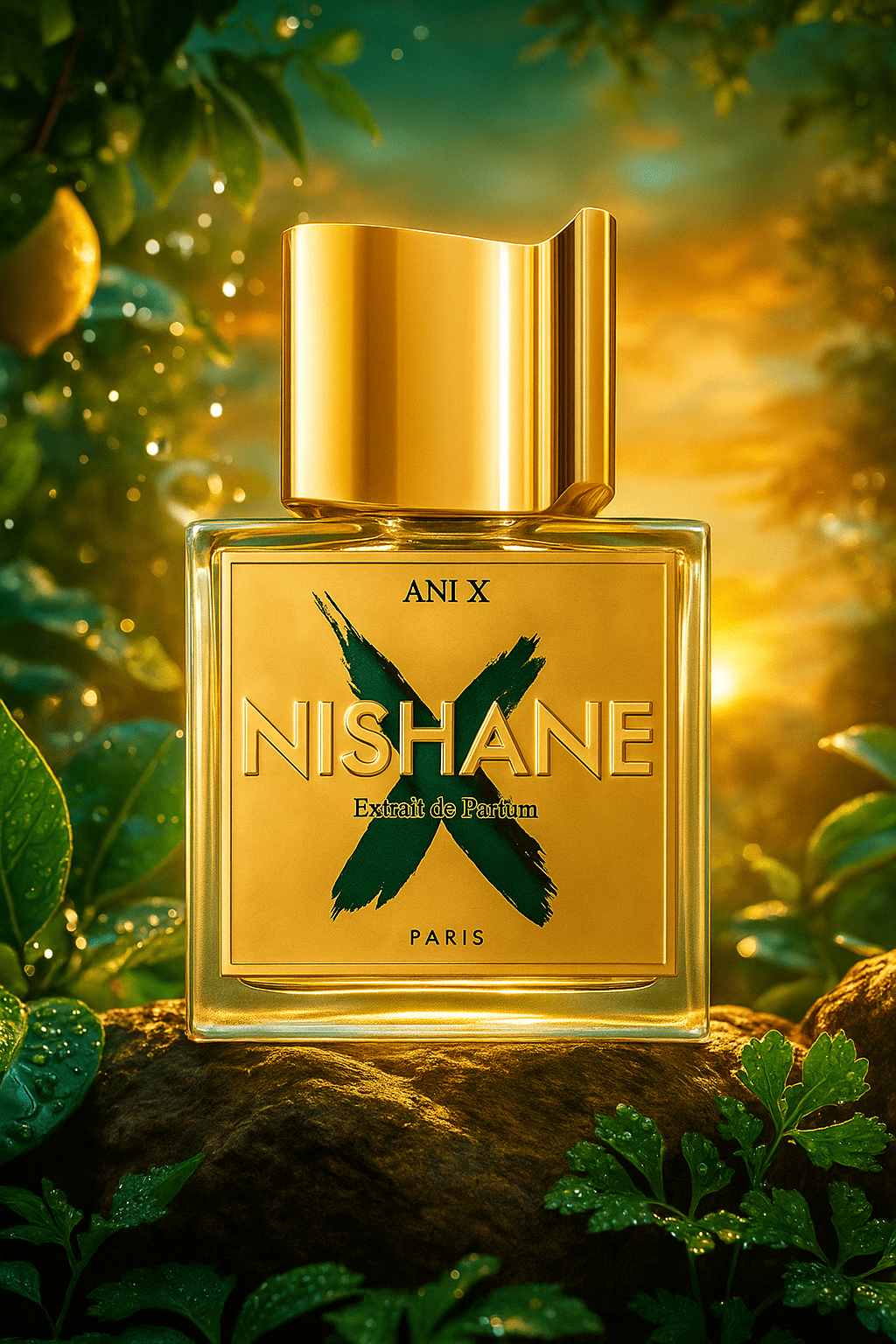 Nishane Ani X Extrait de Parfum – pullo kultaisella korkilla ja X-kuviolla kivellä vihreiden lehtien ympäröimänä