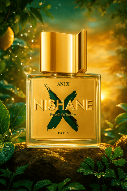 Nishane Ani X Extrait de Parfum – pullo kultaisella korkilla ja X-kuviolla kivellä vihreiden lehtien ympäröimänä