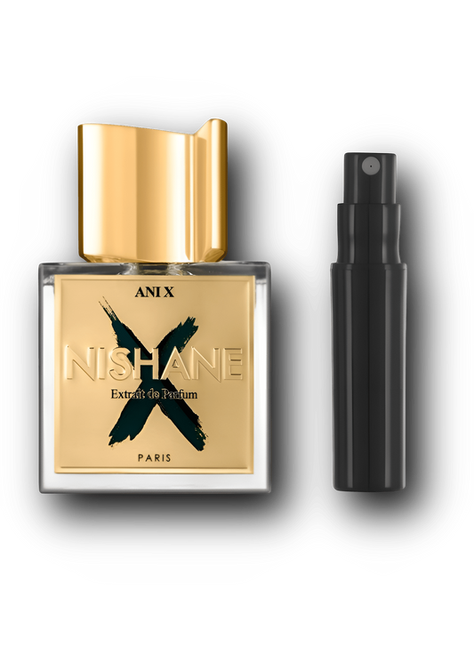 Nishane Ani X Extrait de Parfum – alkuperäinen hajuvesipullo ja musta näytesuihkepullo vierekkäin