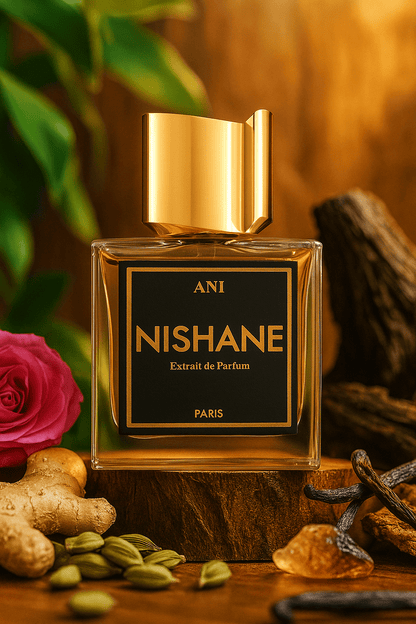 Nishane Ani Extrait de Parfum – pullo puualustalla ruusun, inkiväärin, kardemumman ja vaniljatankojen ympäröimänä