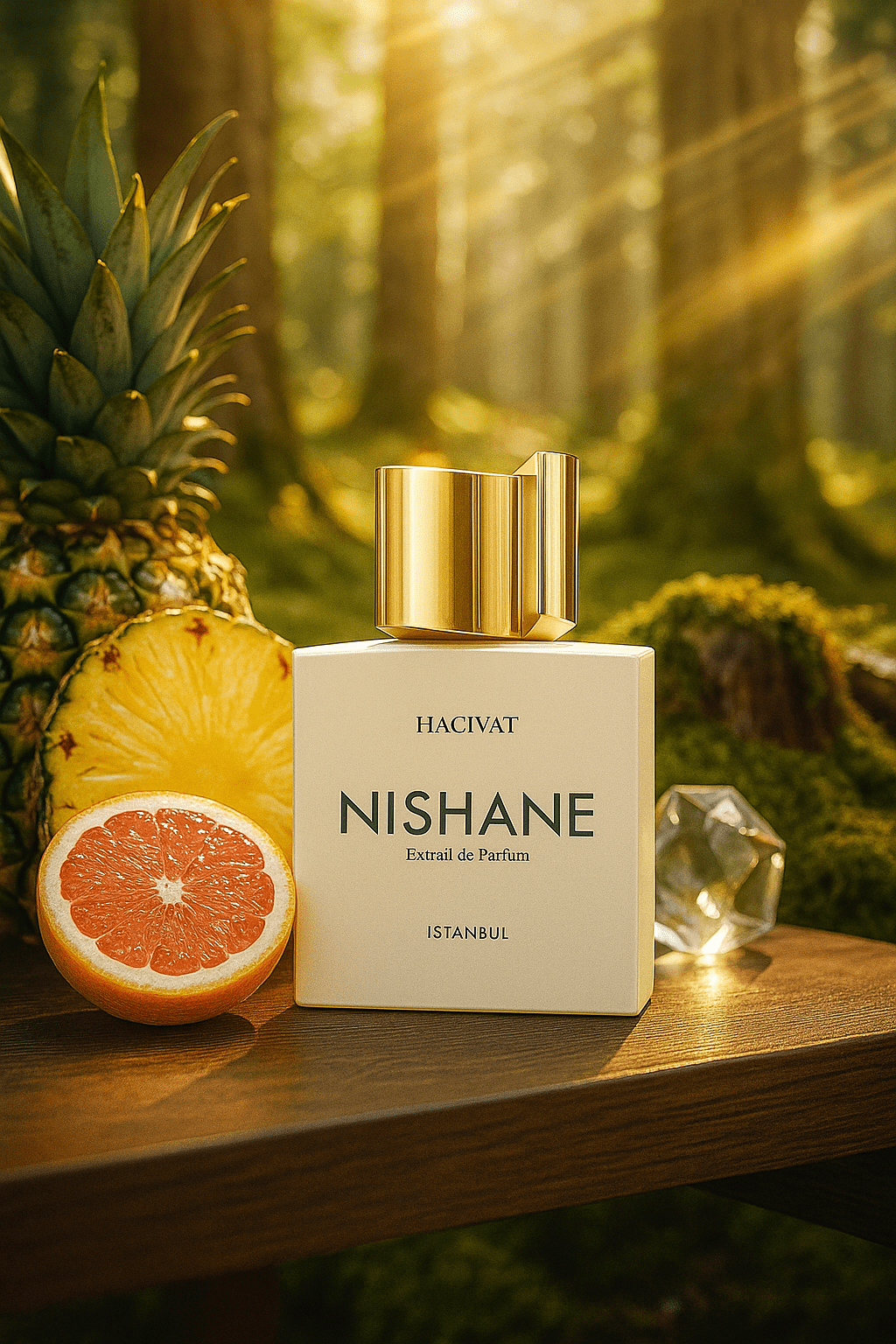 Nishane Hacivat Extrait de Parfum – vaalea pullo ananaksen ja greipin vieressä vihreää metsätaustaa vasten