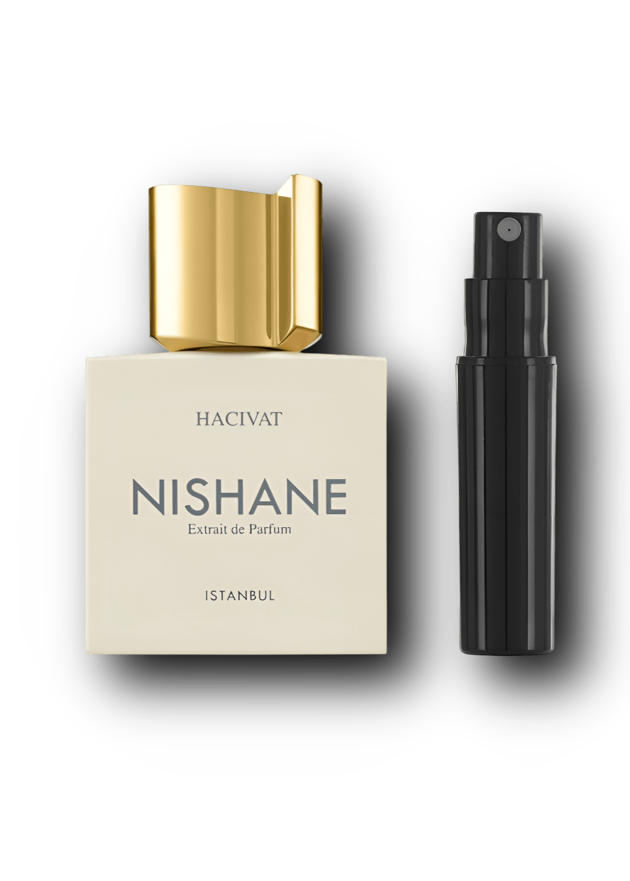 Nishane Hacivat Extrait de Parfum – alkuperäinen hajuvesipullo ja musta näytesuihkepullo vierekkäin