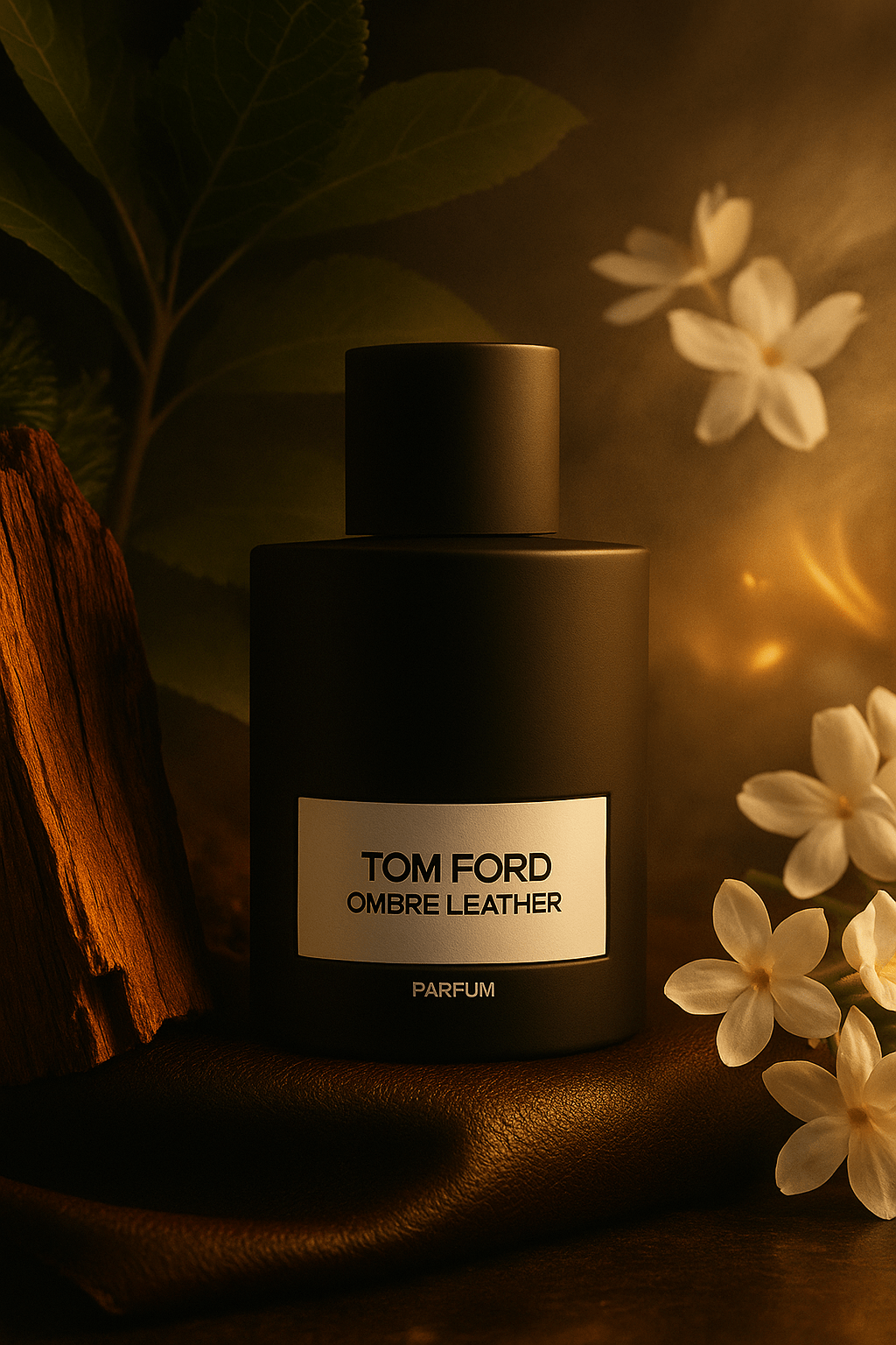 Tom Ford Ombré Leather Parfum – musta pullo nahalla, taustalla valkoisia kukkia ja puuta