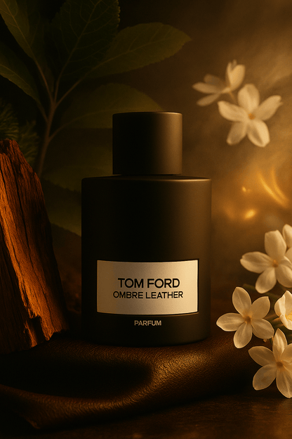 Tom Ford Ombré Leather Parfum – musta pullo nahalla, taustalla valkoisia kukkia ja puuta