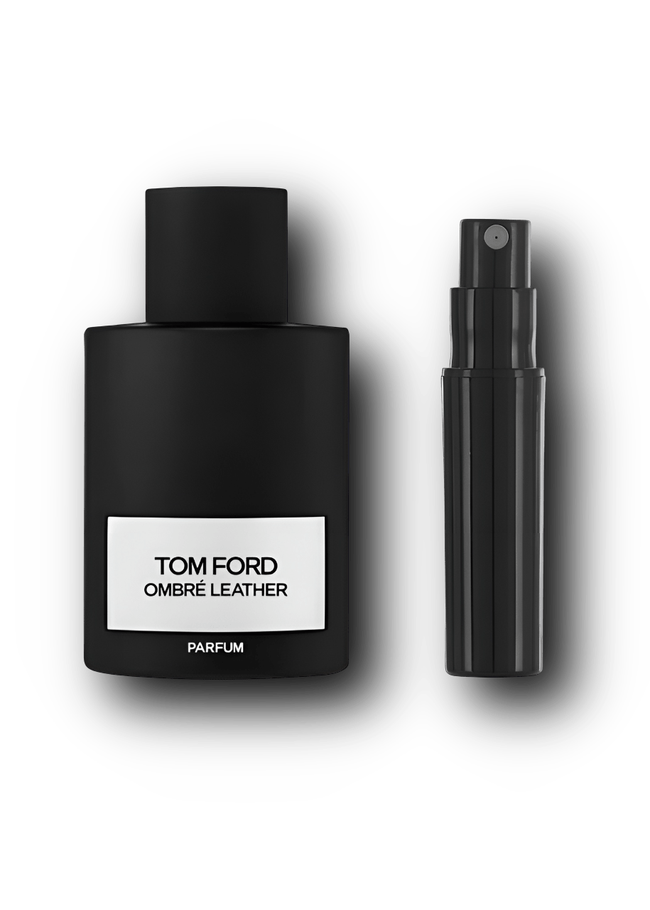 Tom Ford Ombré Leather Parfum – alkuperäinen hajuvesipullo ja musta näytesuihkepullo vierekkäin