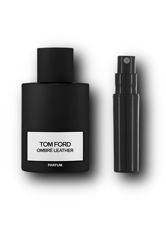 Tom Ford Ombré Leather Parfum – alkuperäinen hajuvesipullo ja musta näytesuihkepullo vierekkäin