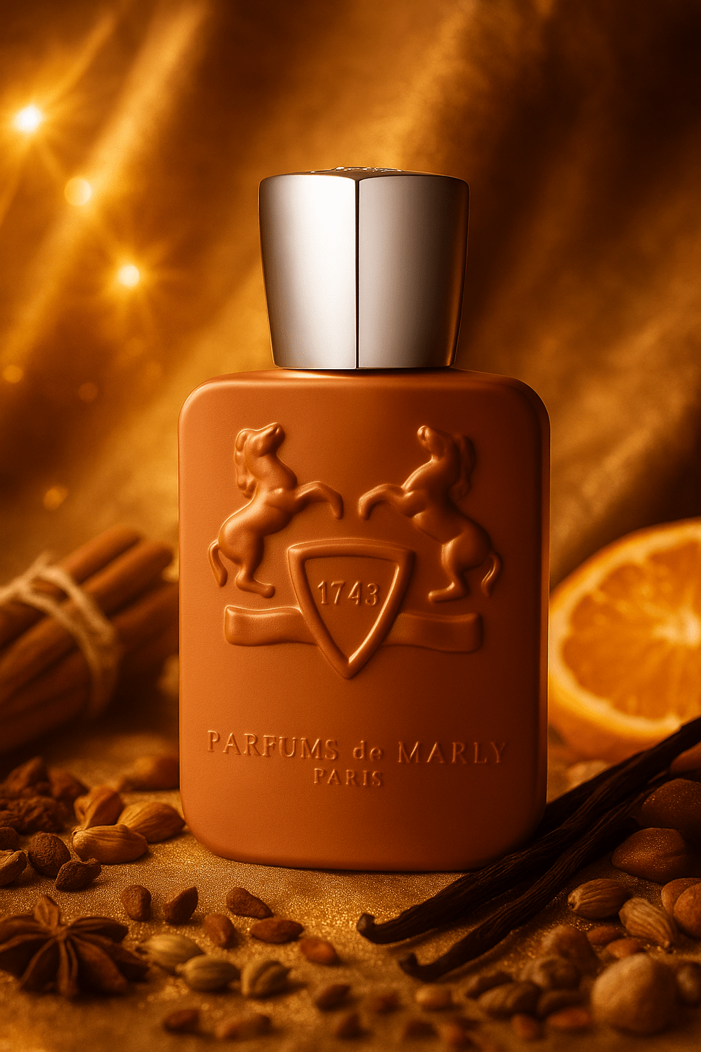 Parfums de Marly Althaïr Eau de Parfum – ruskea pullo hopeisella korkilla, kanelia, sitrusta ja vaniljatankoja lämpimässä valossa