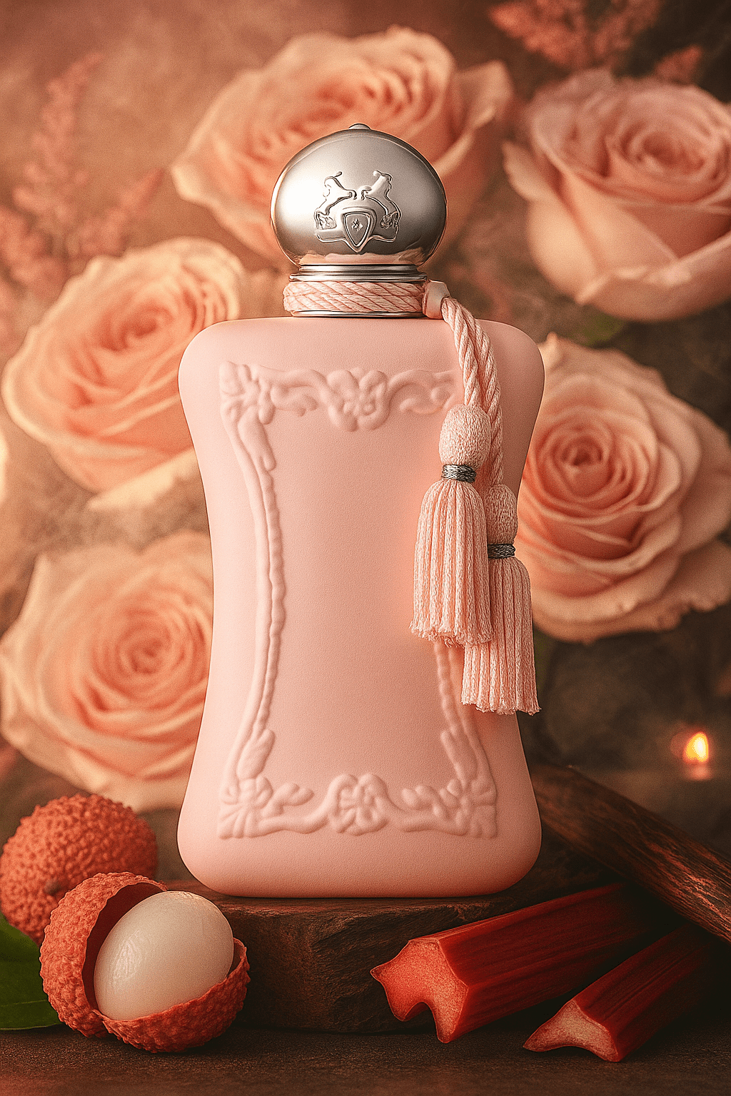 Parfums de Marly Delina Eau de Parfum – vaaleanpunainen tupsukoristeinen pullo ruusujen, litsien ja raparperin ympäröimänä
