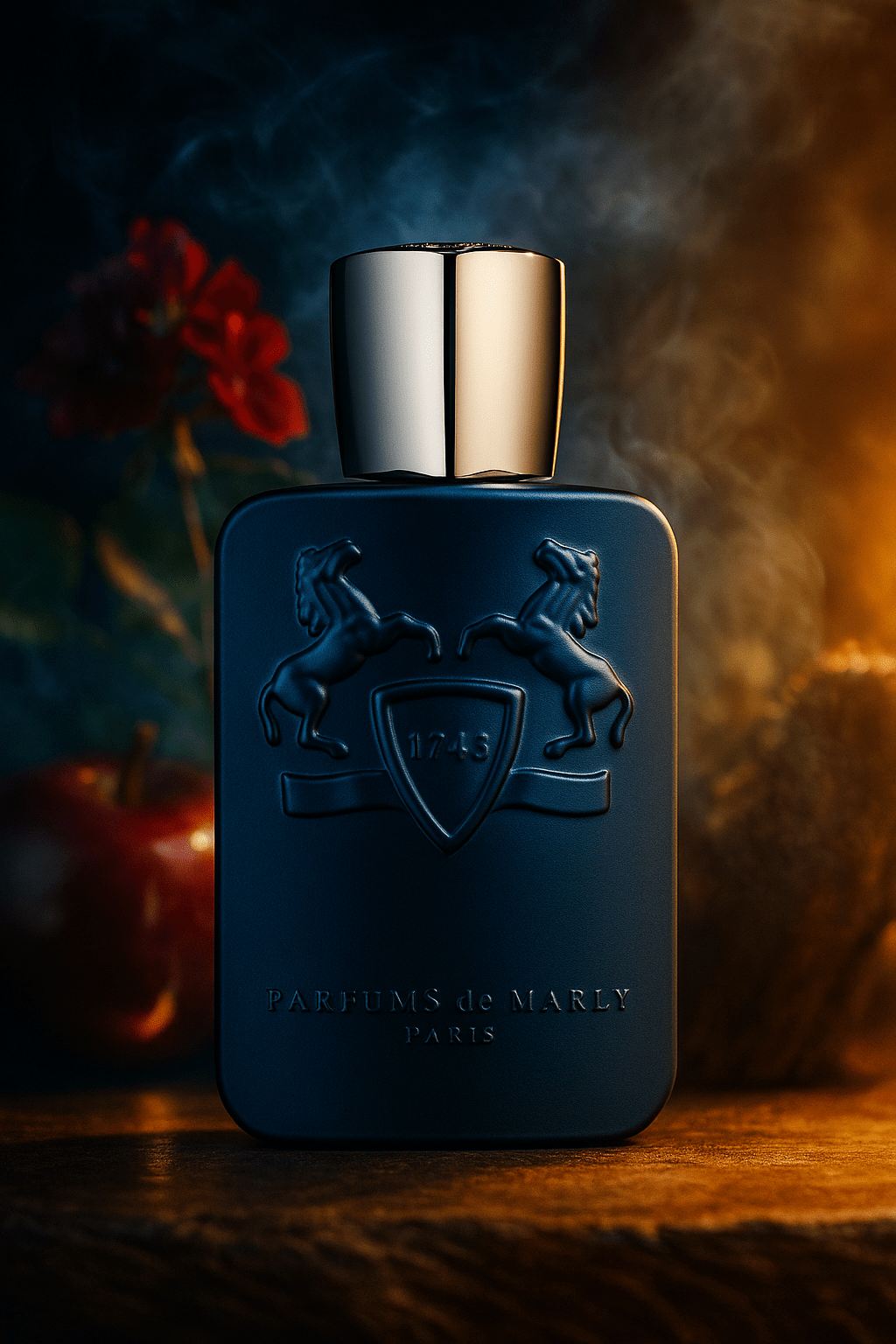 Parfums de Marly Layton Eau de Parfum – tummansininen pullo hopeisella korkilla omenan ja punaisten kukkien edessä