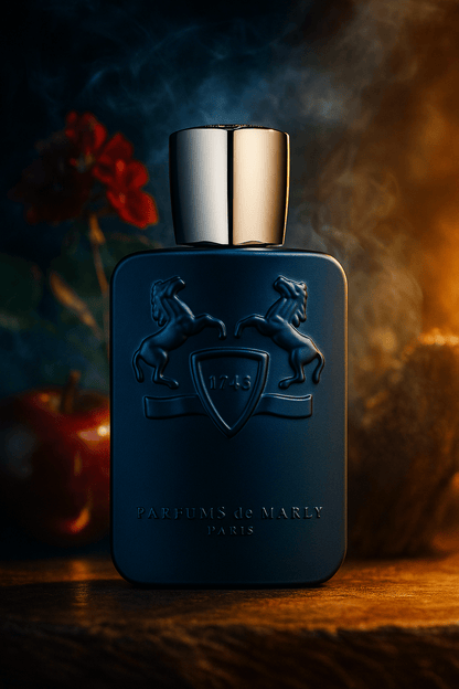 Parfums de Marly Layton Eau de Parfum – tummansininen pullo hopeisella korkilla omenan ja punaisten kukkien edessä