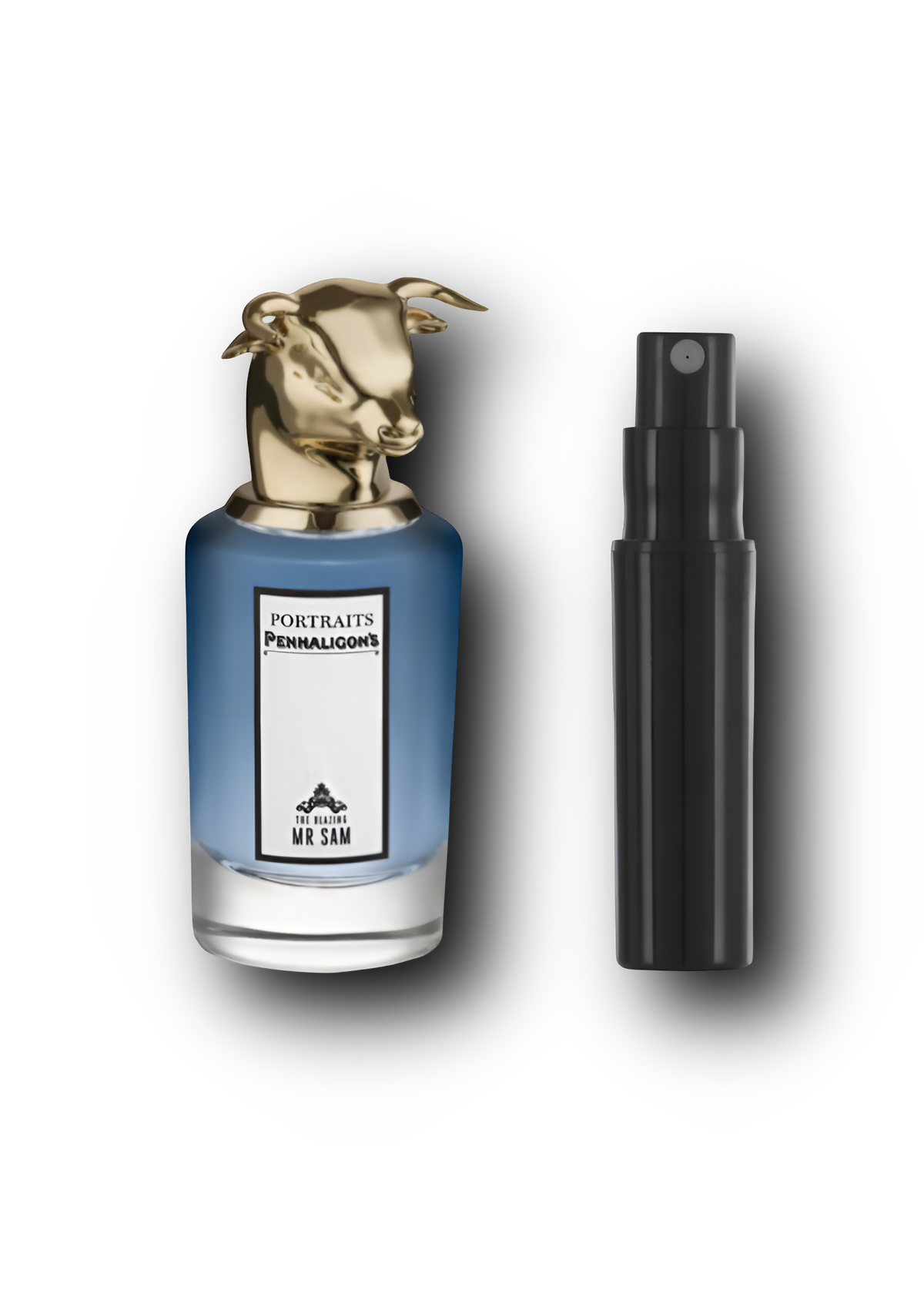 Penhaligon's Mister Sam – alkuperäinen hajuvesipullo ja musta näytesuihkepullo vierekkäin