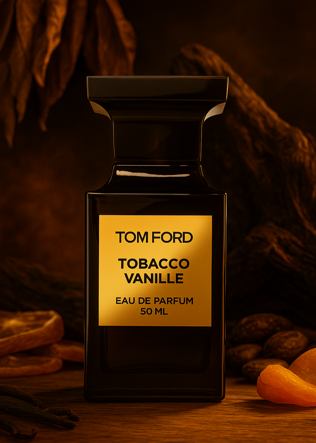 Tom Ford Tobacco Vanille Eau de Parfum – tumma pullo kultaisella etiketillä tupakanlehtien, vaniljatankojen ja kuivattujen hedelmien vieressä
