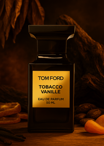 Tom Ford Tobacco Vanille Eau de Parfum – tumma pullo kultaisella etiketillä tupakanlehtien, vaniljatankojen ja kuivattujen hedelmien vieressä
