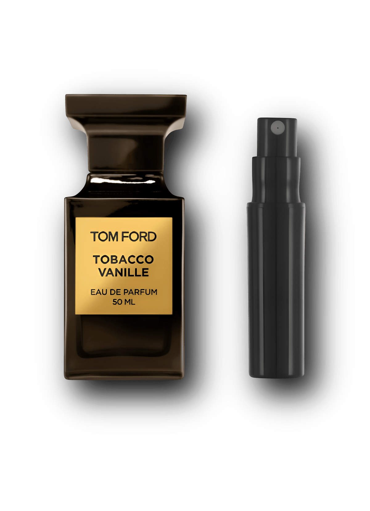 Tom Ford Tobacco Vanille Eau de Parfum – alkuperäinen hajuvesipullo ja musta näytesuihkepullo vierekkäin