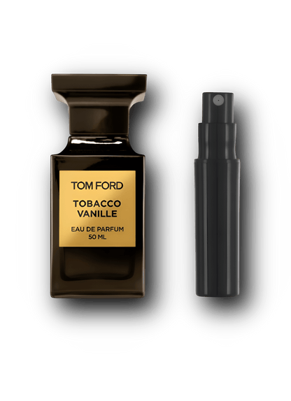 Tom Ford Tobacco Vanille Eau de Parfum – alkuperäinen hajuvesipullo ja musta näytesuihkepullo vierekkäin