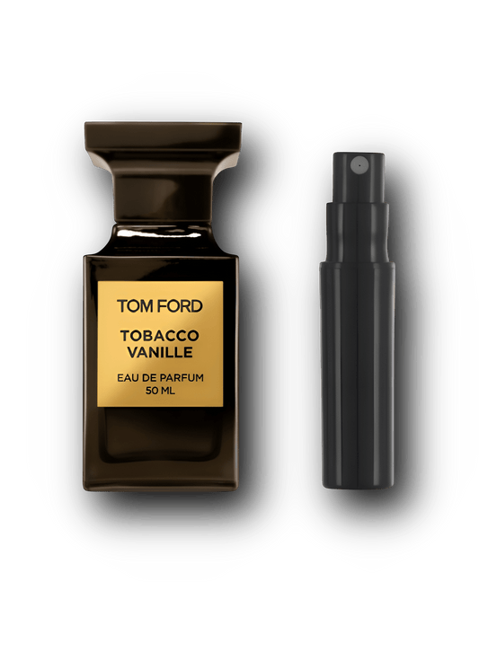 Tom Ford Tobacco Vanille Eau de Parfum – alkuperäinen hajuvesipullo ja musta näytesuihkepullo vierekkäin