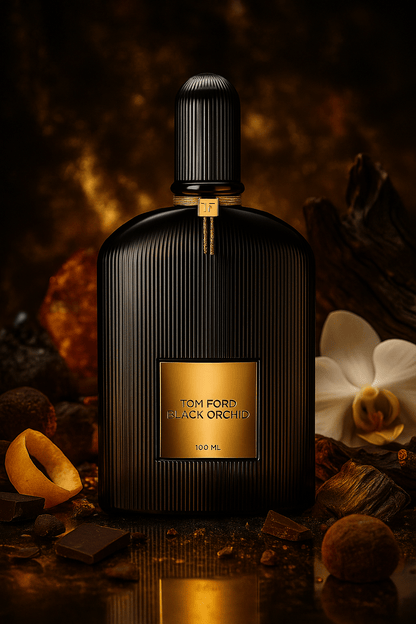 Tom Ford Black Orchid Eau de Parfum – musta uurrettu pullo kultaisella etiketillä orkidean, tumman puun ja suklaan ympäröimänä