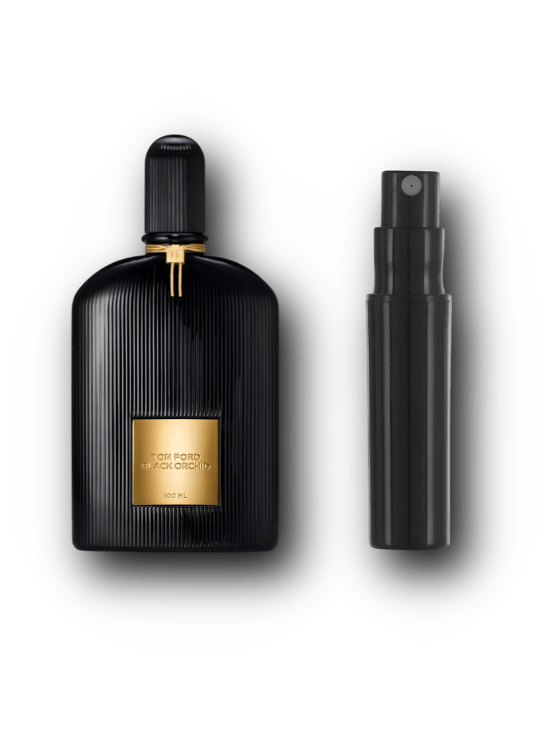 Tom Ford Black Orchid Eau de Parfum – alkuperäinen hajuvesipullo ja musta näytesuihkepullo vierekkäin