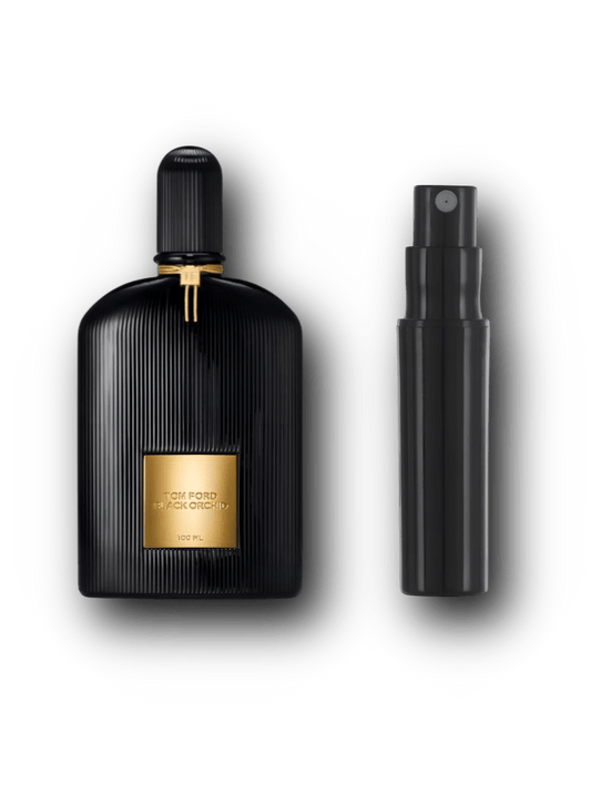 Tom Ford Black Orchid Eau de Parfum – alkuperäinen hajuvesipullo ja musta näytesuihkepullo vierekkäin