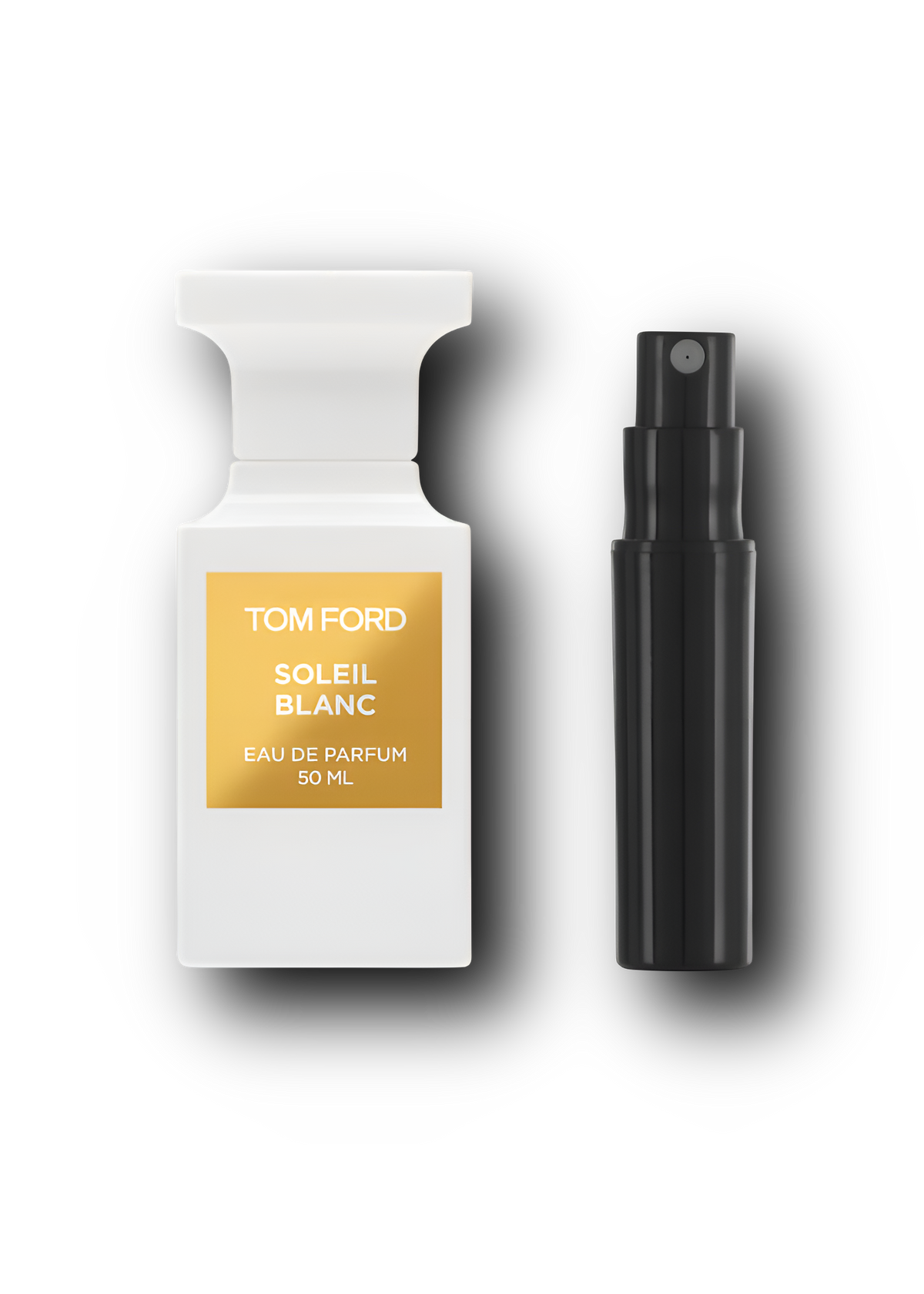 Tom Ford Soleil Blanc – alkuperäinen hajuvesipullo ja musta näytesuihkepullo vierekkäin