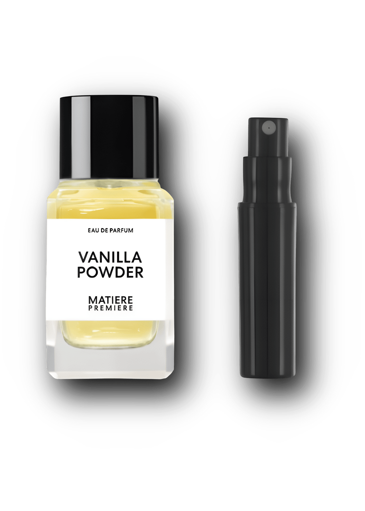 Matière Première Vanilla Powder – alkuperäinen hajuvesipullo ja musta näytesuihkepullo vierekkäin